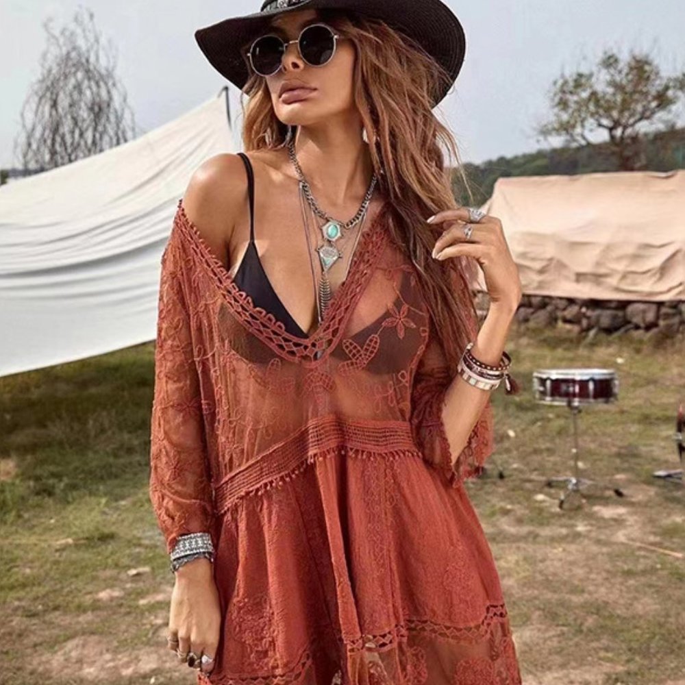 New Red Lace Crochet Boho Folk Tunic Blouse Top Cover-Up Womens - Picture 7 of 9